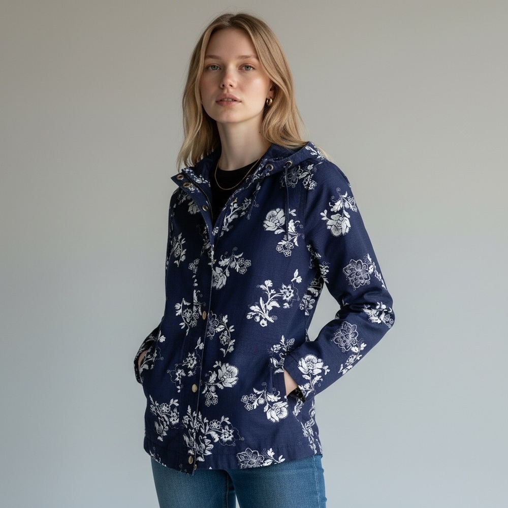 Charter Club Blue & White Floral Cotton Jacket – Size M
